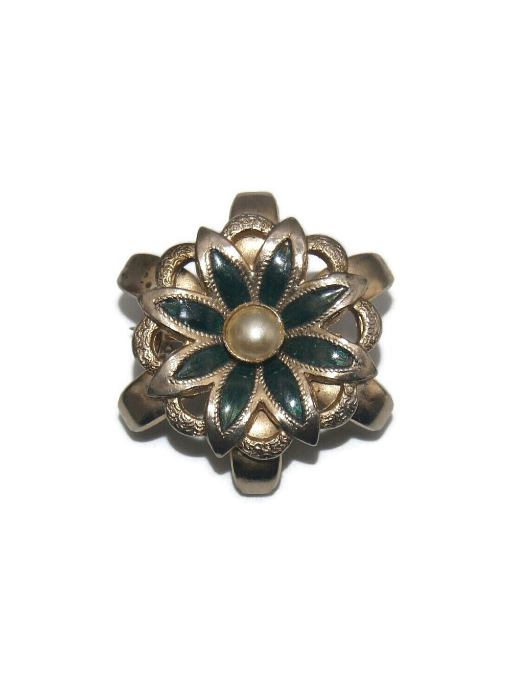 Vintage Gold Tone, Green Guilloche Enamel and Faux Pearl Flower Brooch.
